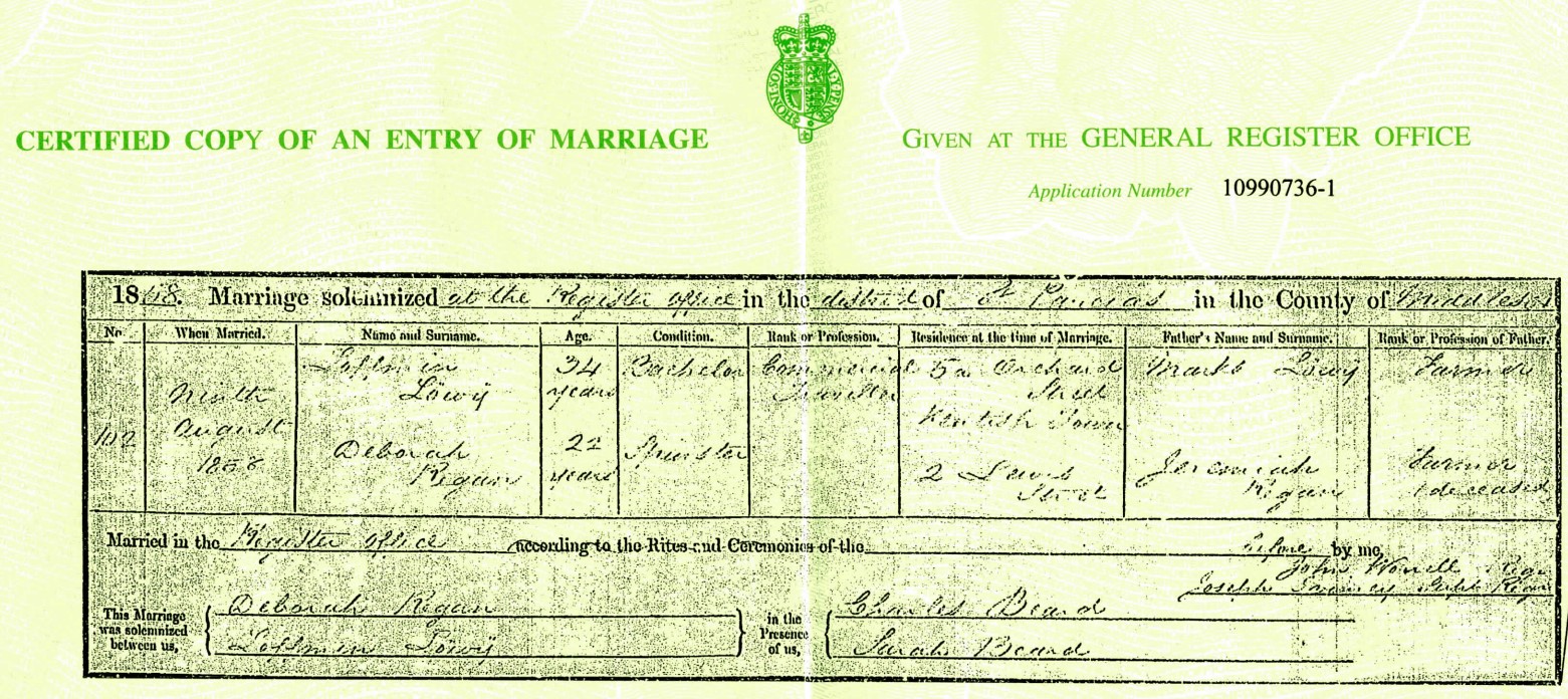 Louis Lowinsky Ragan Marriage Cert 1858.jpg