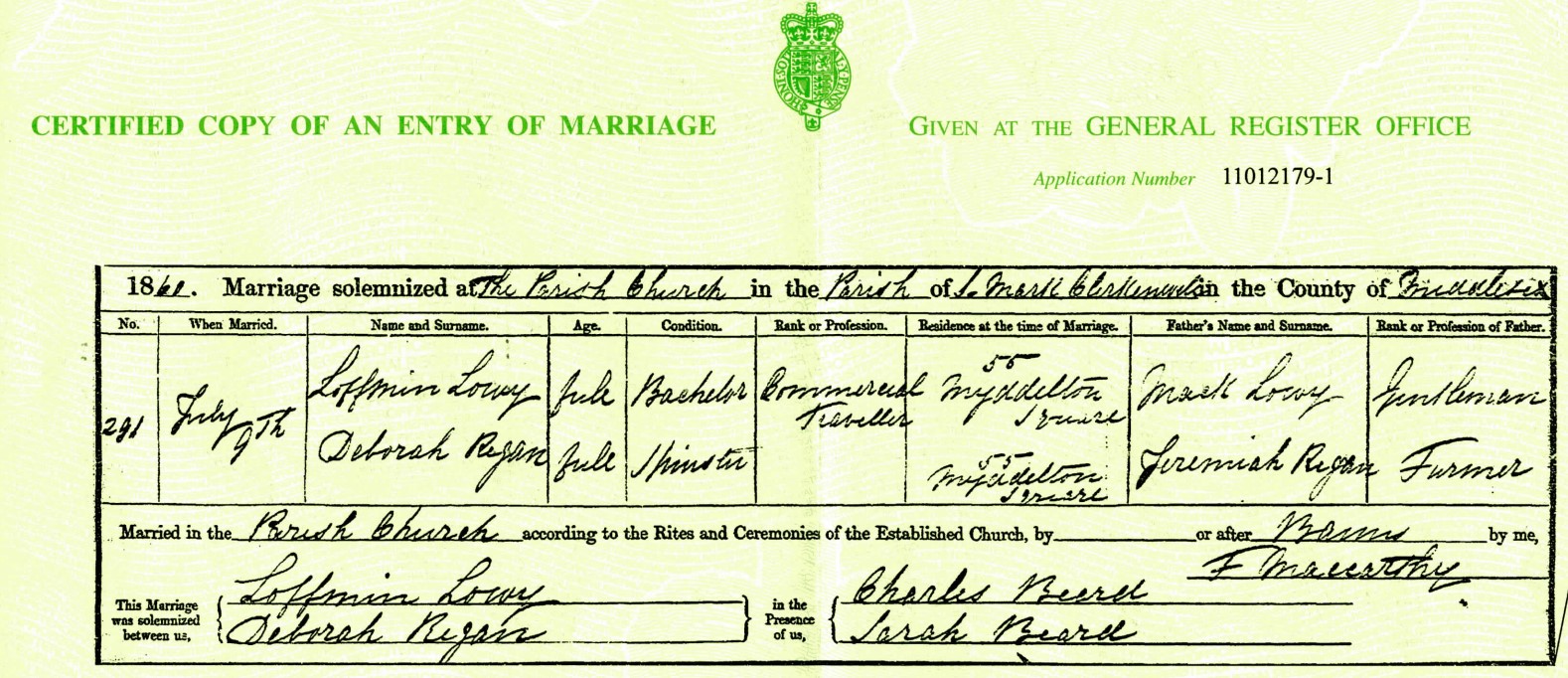 Louis Lowinsky Regan Marriage Cert 1860.jpg