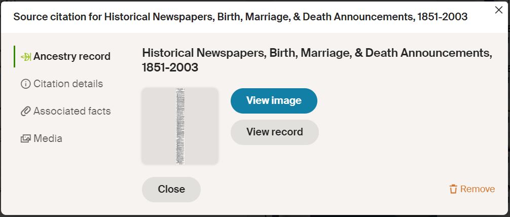 Source citation for Historical Newspapers, Birth, Marriage, &amp; Death Announcements, 1851-2003 screen capture