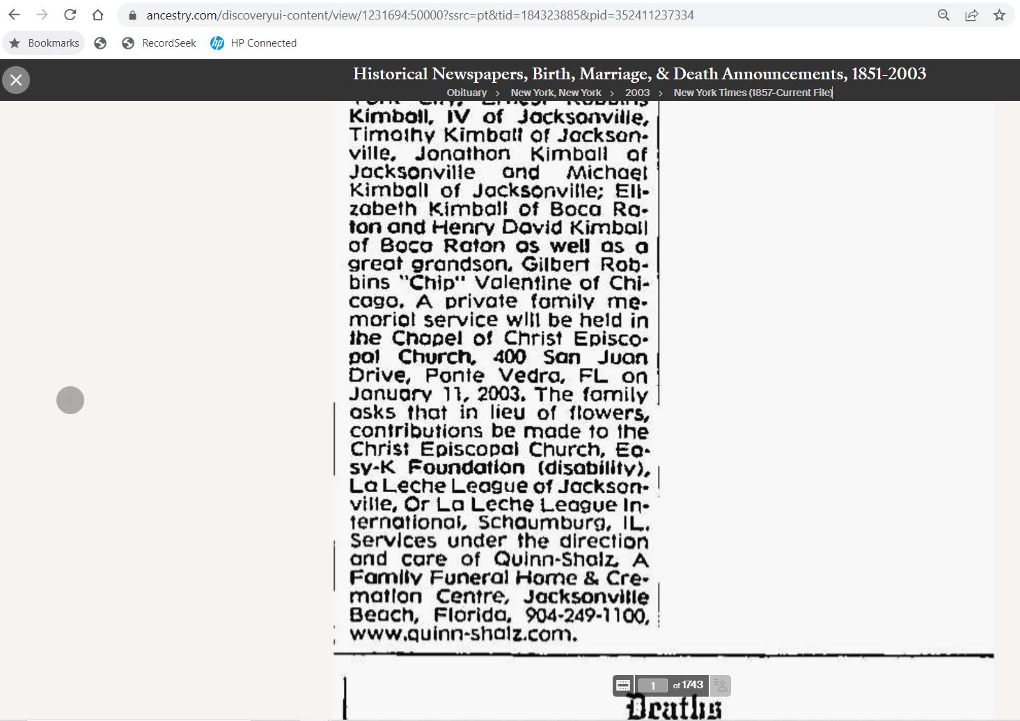 Historical Newspapers, Birth, Marriage, &amp; Death Announcements, 1851-2003 View Image after bread crumb change screen capture