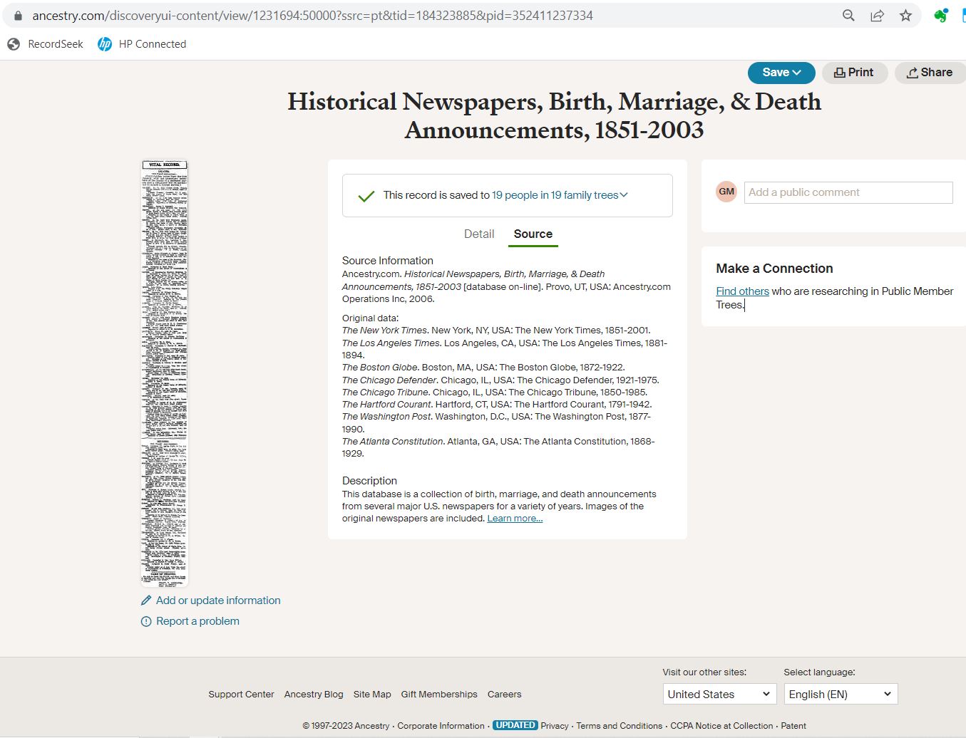 Historical Newspapers, Birth, Marriage, &amp; Death Announcements, 1851-2003 View Record Source screen capture.