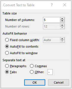 Convert Text to Table options Convert Text to Table options