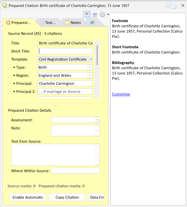 Citation Window with the side panel and the Customize link