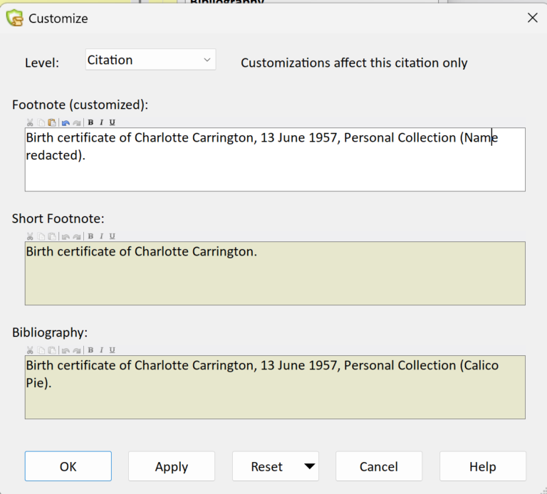 Customize Citation dialog: the edited Footnote is white, defaults are brown