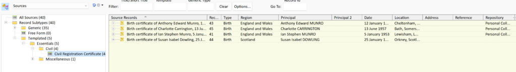 Sources folder set, grouped by source template